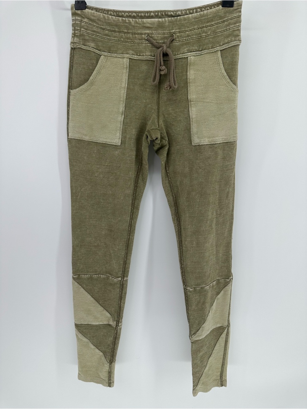 Free People XS Olive Green Mineral Wash Patchwork Jogger Pants Leggings Boho